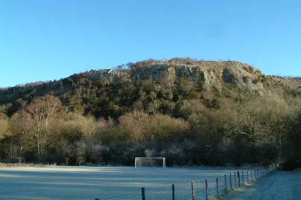 Whitbarrow Scar from near Witherslack School. Photograph by Stephen Dawson, 29 December 2003.